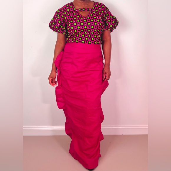 African Print Ankara Multicolor Statement Sleeve Cutout Top and Maxi Skirt Set - Picture 9 of 9